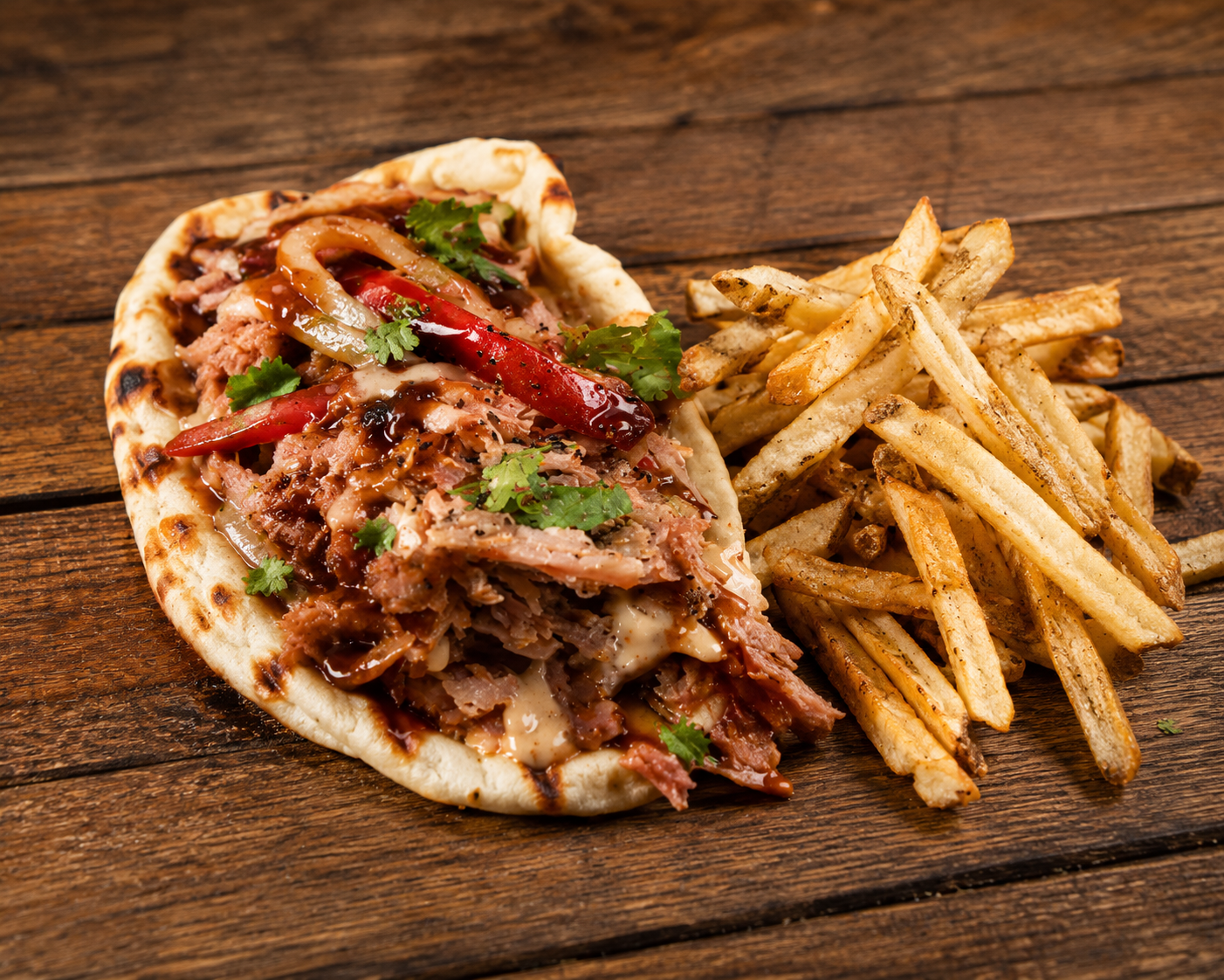 Pulled Pork on Naan with Fries
